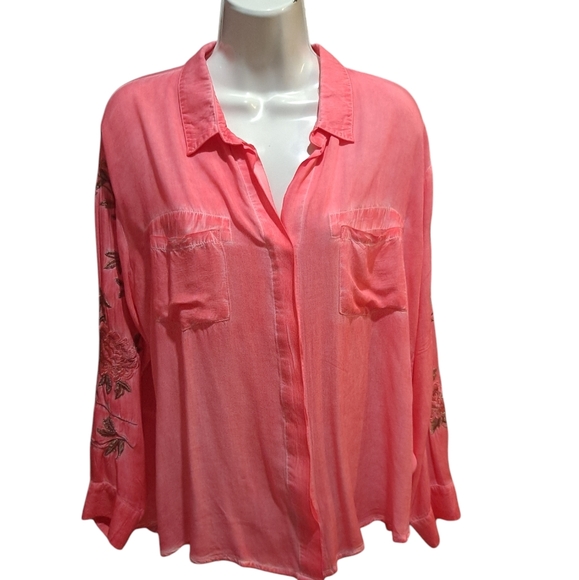 Aratte Silent Journey Embroidered Floral Long Sleeve Slip Back Button Up Med - Picture 1 of 13